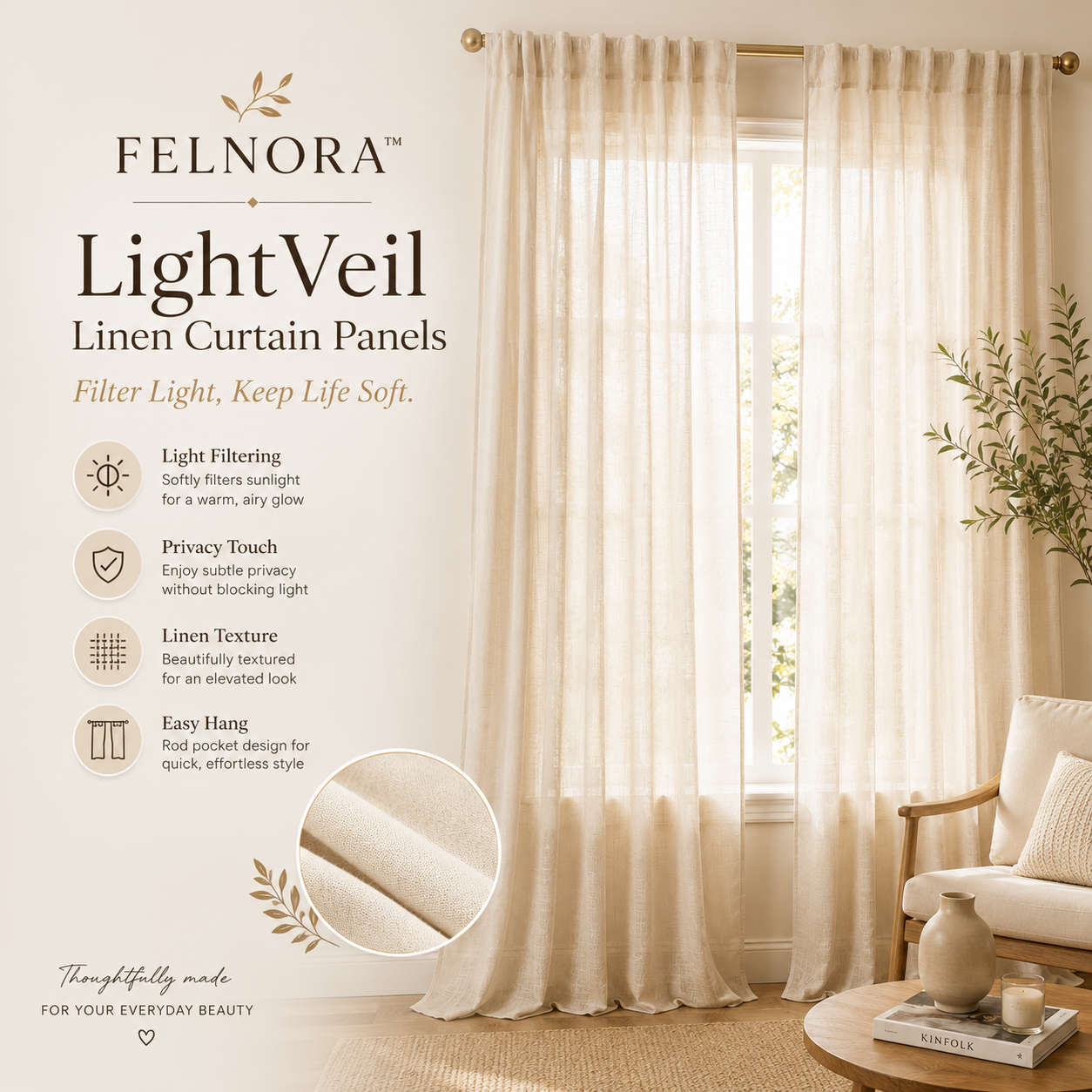 FELNORA™ LightVeil Linen Curtain Panels