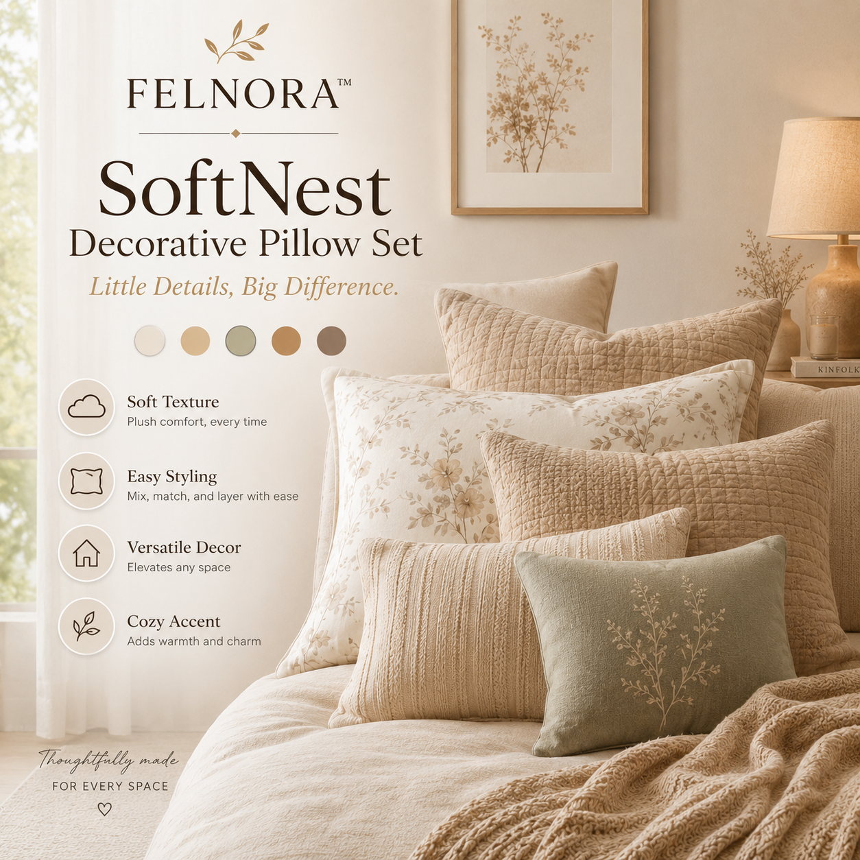 FELNORA™ SoftNest Decorative Pillow Set